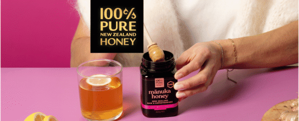 Image of honey jar and logo for organiser and location details for 100% pure new zealand honey company