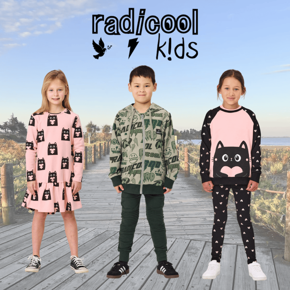 Three youth modelling Radicool Kids children’s clothing available at the Kidstuff store