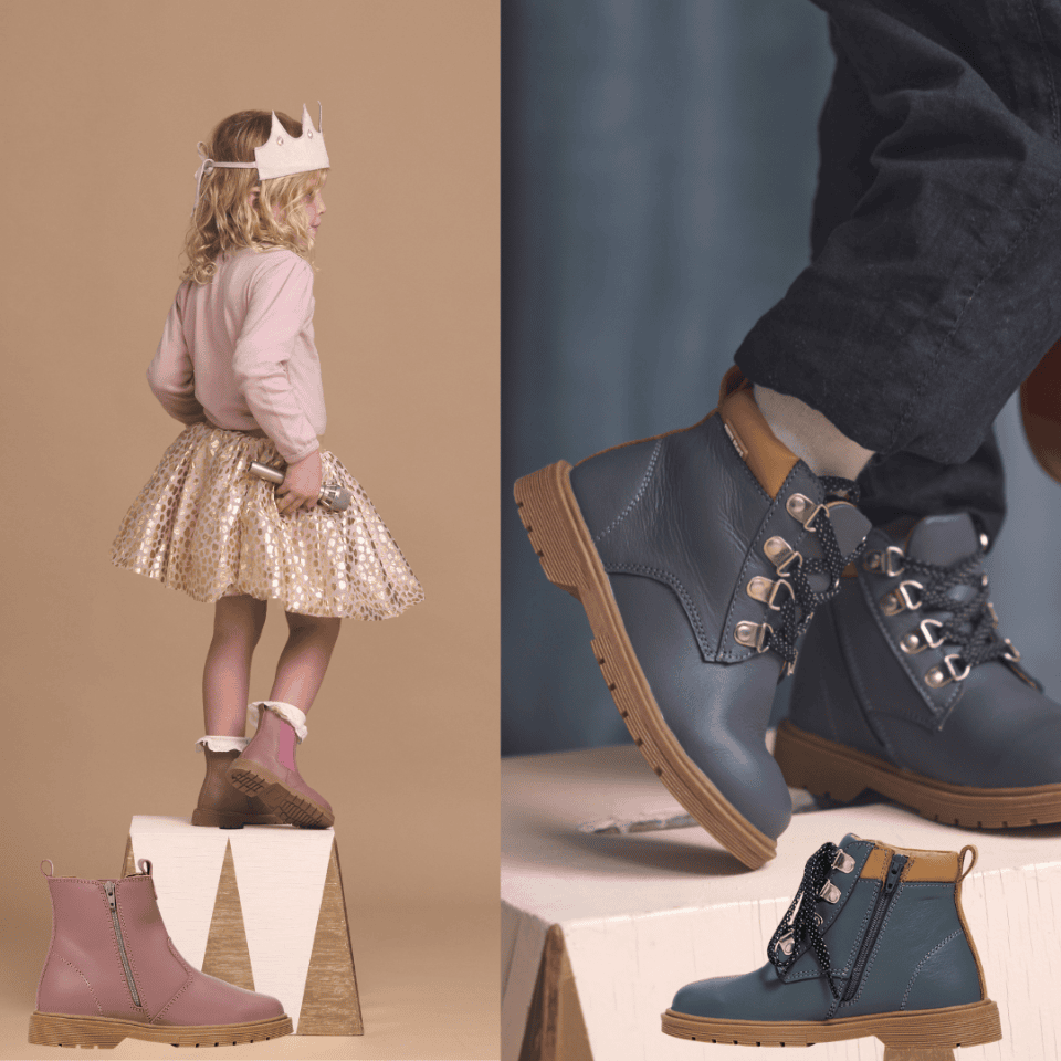 Two young children modelling boots available at Kidstuff store