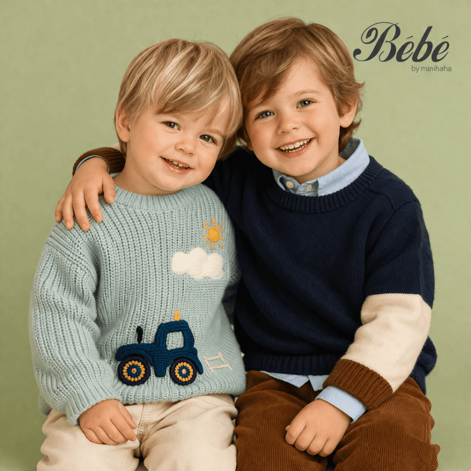 Two young boys modelling Bebe children’s clothing available at Kidstuff store