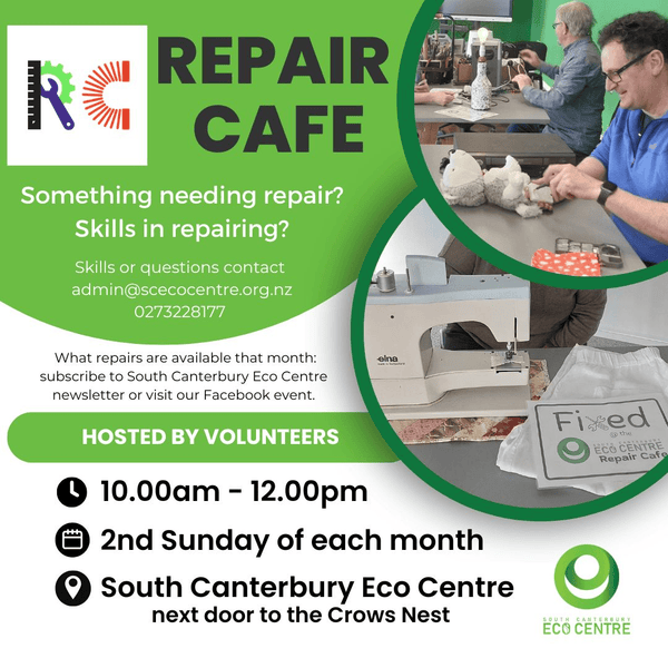 Event details for Repair Cafe at the South Canterbury Eco Centre. Every month, second Sunday. Run by volunteers.
