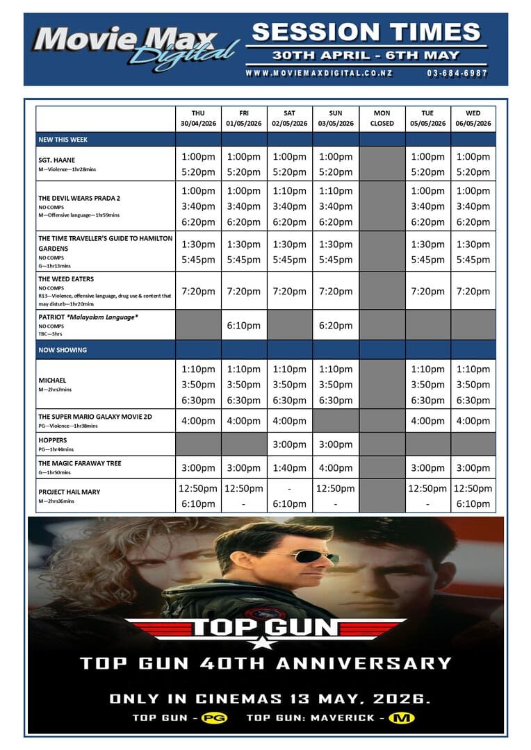 Movie Max Digital Timaru session flyer for the week of 30 April 2026