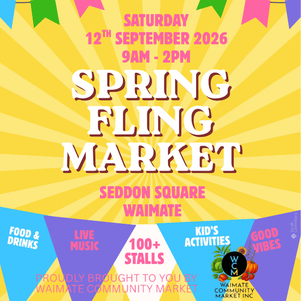 Flyer for Spring Fling Market at Waimate in September 2026